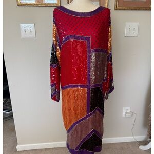 Vintage Colorful Sequin Patchwork Dress 100% Silk Size 12